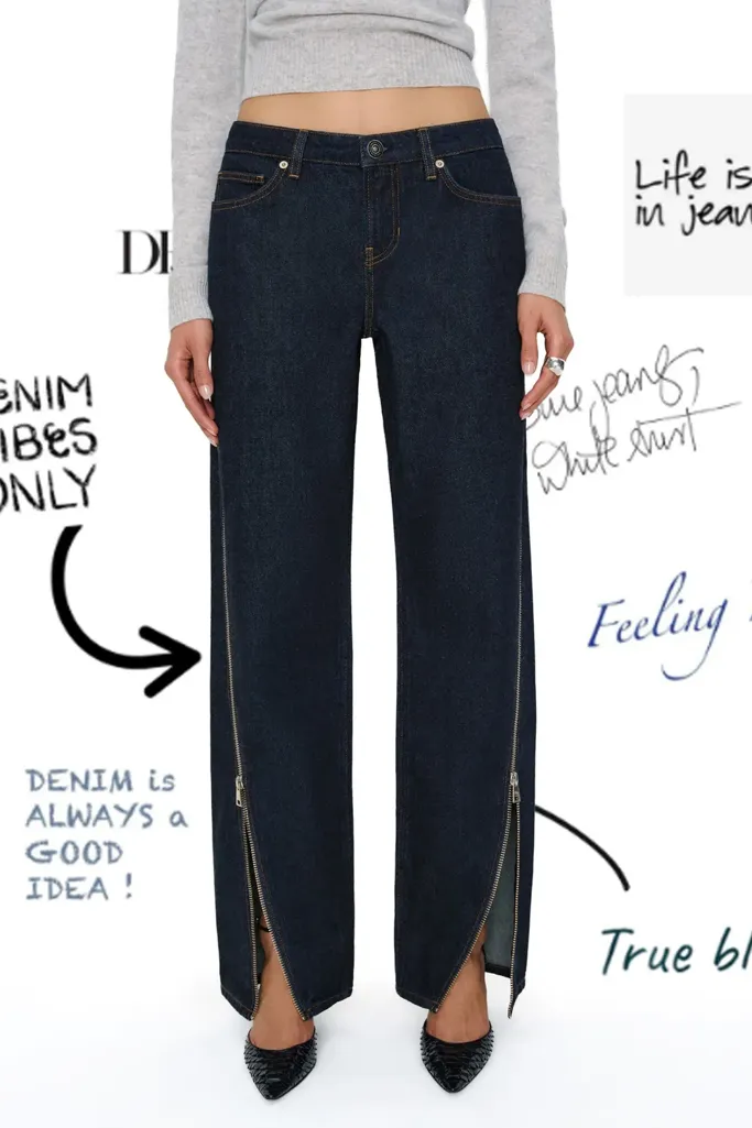 Dark Blue Mid Rise Slit Jeans - Image 1