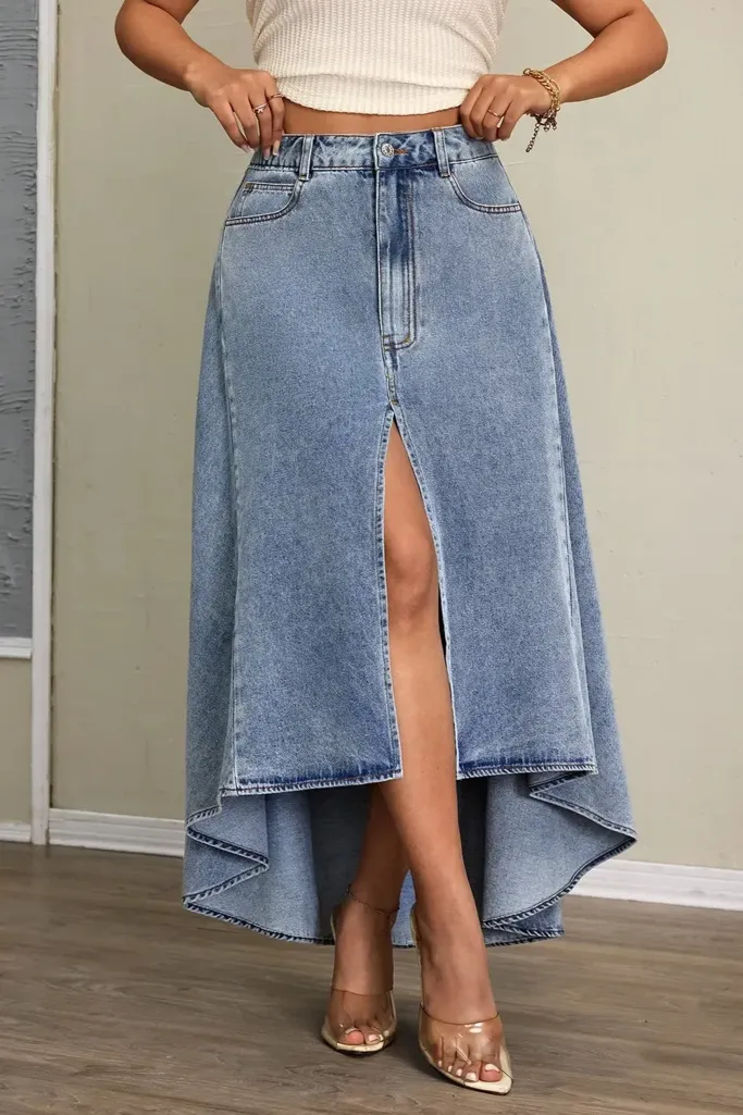 Light Blue High Rise Slit Denim Skirt - Image 1
