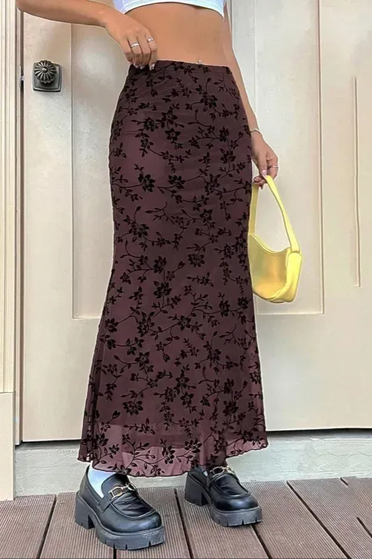 Dark Brown Floral Maxi Mermaid Skirt - Image 1
