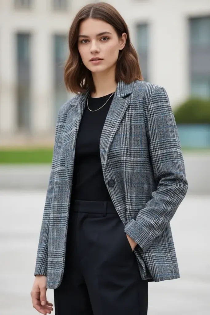 Dark Grey Plaid Lapel Collar Blazer - Image 1