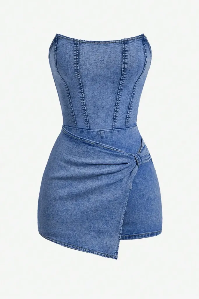 Blue Tube Neck Denim Mini Playsuit - Image 1
