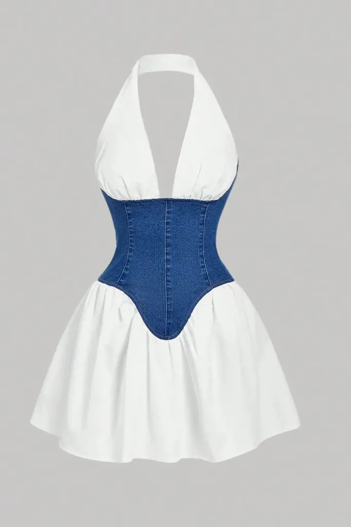 White Halter Neck Denim Dress - Image 1