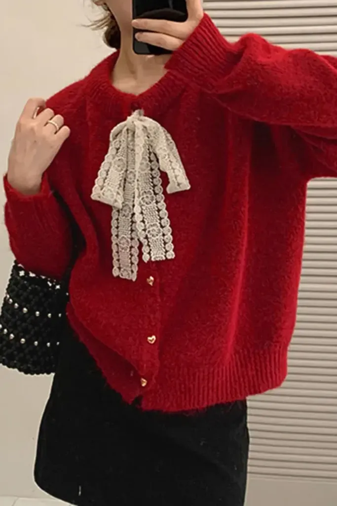 Red Tie-Up Neck Sweater - Image 1