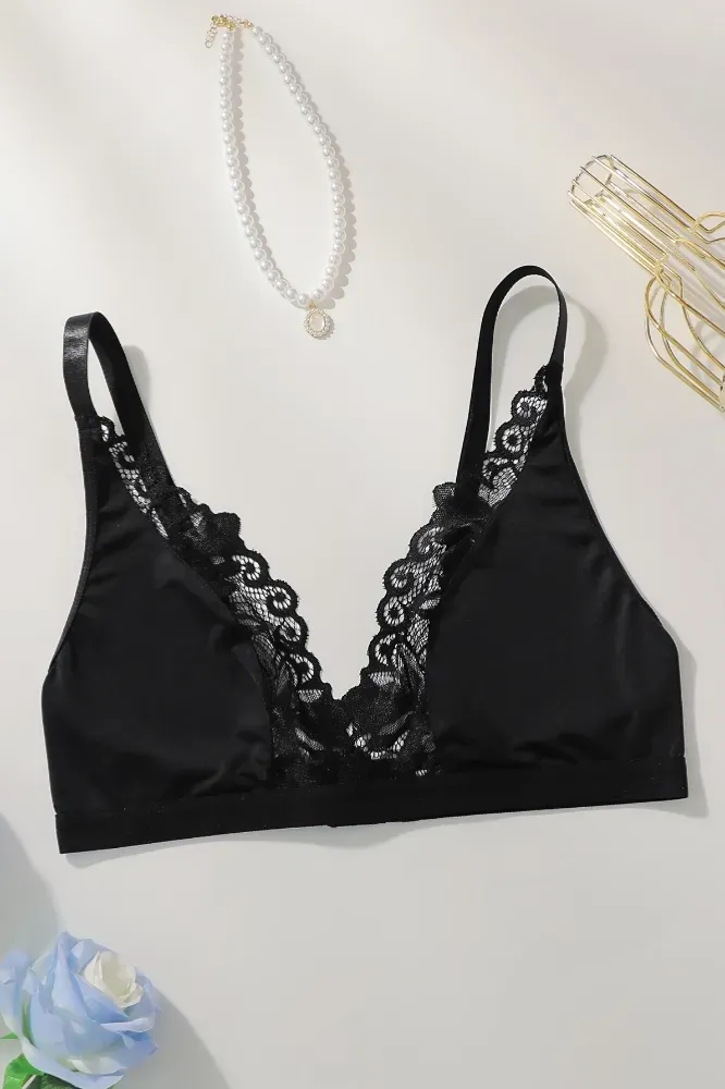 Black Solid Lace Insert Bra - Image 1
