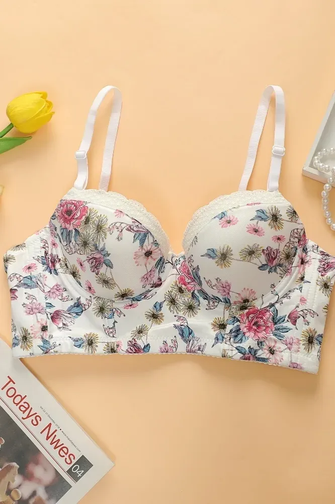 White Padded Floral Sweetheart Bra - Image 1