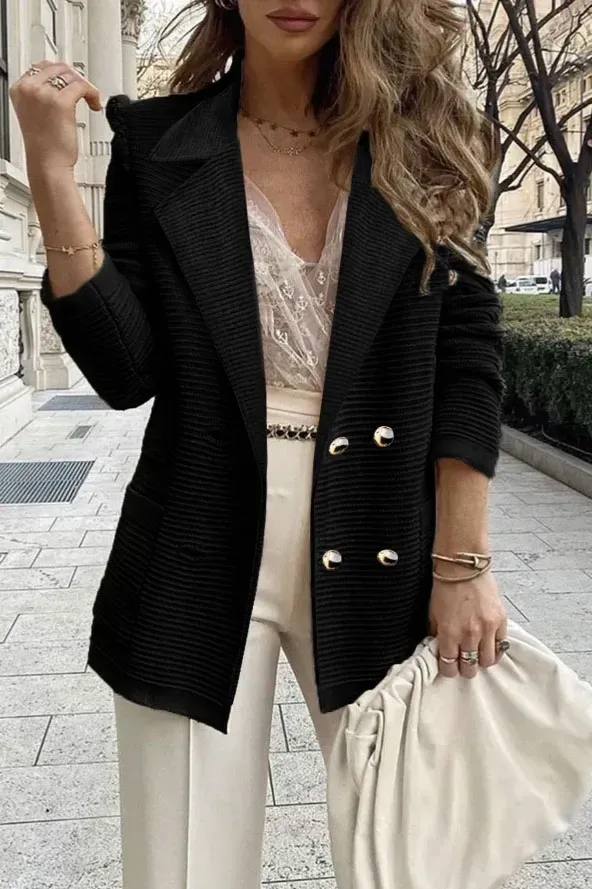 Black Textured Double-Breasted Blazer - Image 1