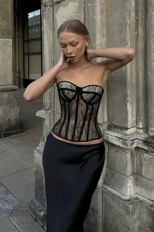 Black Lace Tube Neck Corset Top - Image 1