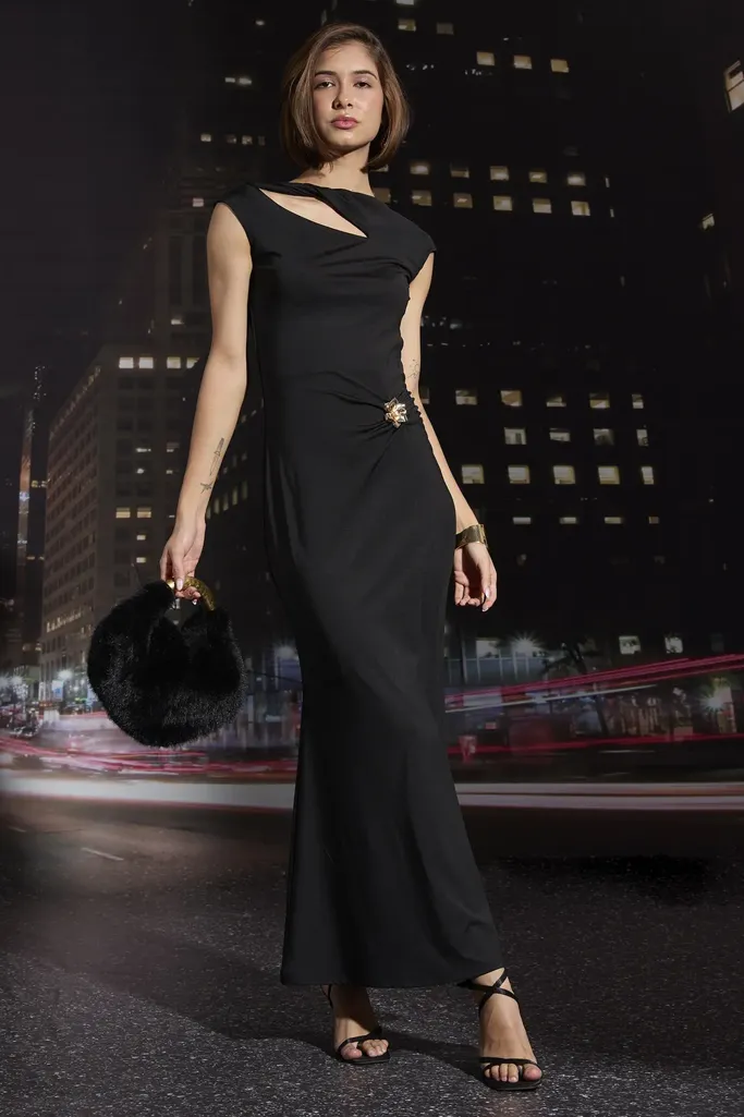 Black Solid Cut Out Maxi Dress - Image 1