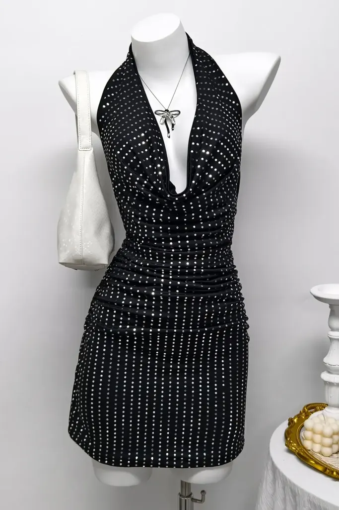 Black Halter Neck Mini Dress - Image 1