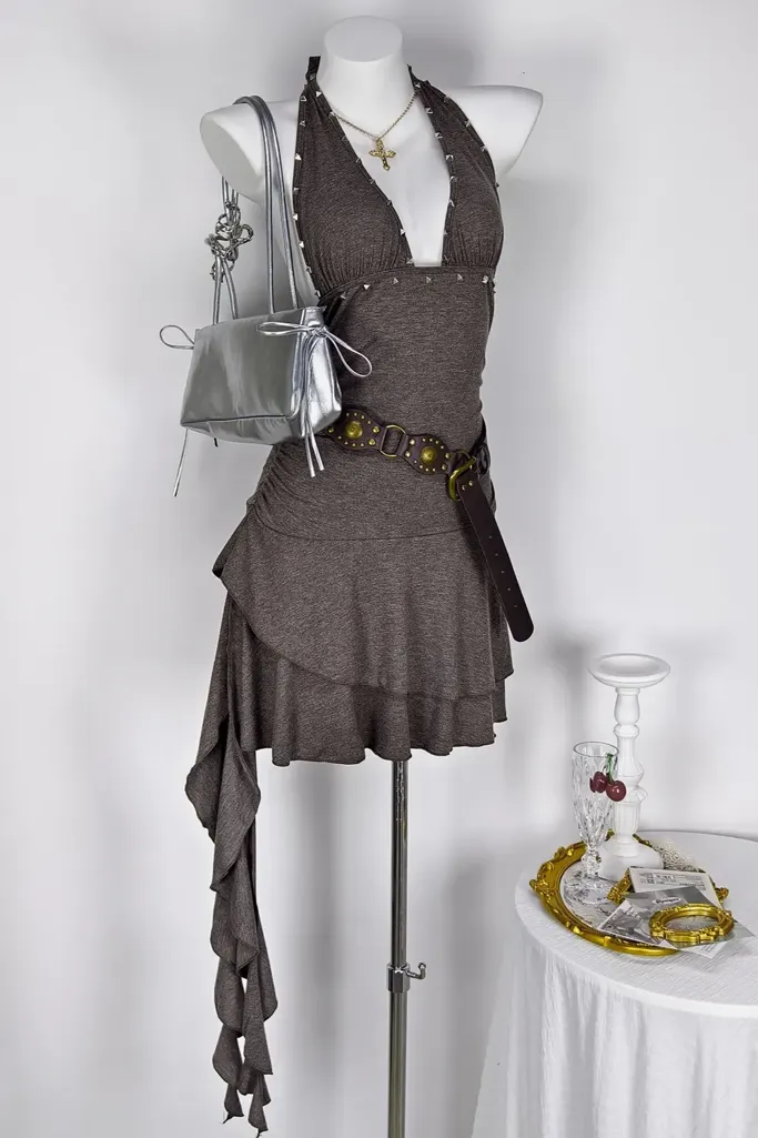 Dark Brown Studded Halter Dress Without Belt - Image 1