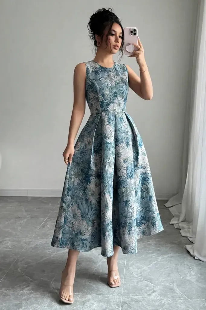 Blue Pleated Floral Midi Dress - Image 1