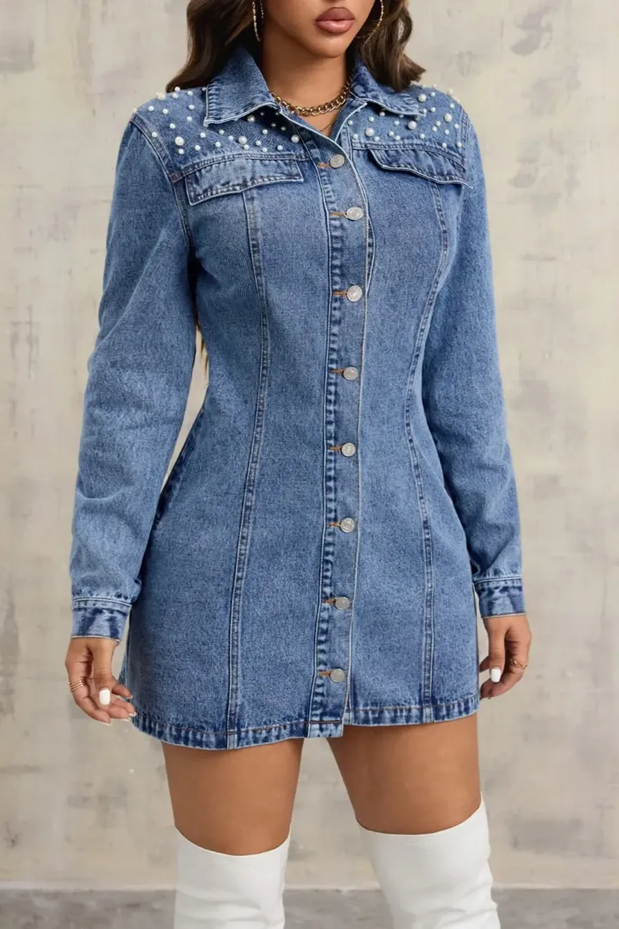 Blue Pearl-Embellished Denim Dress - NEWME