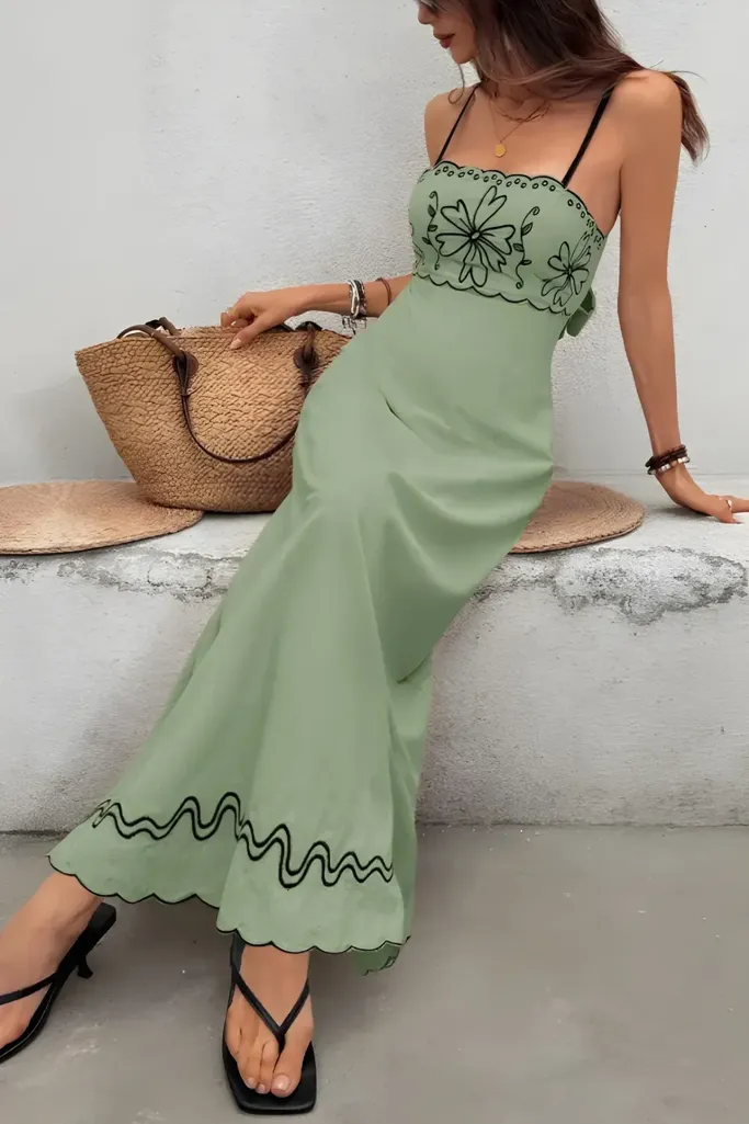 Sage Embroidered Tie Up Maxi Dress - Image 1
