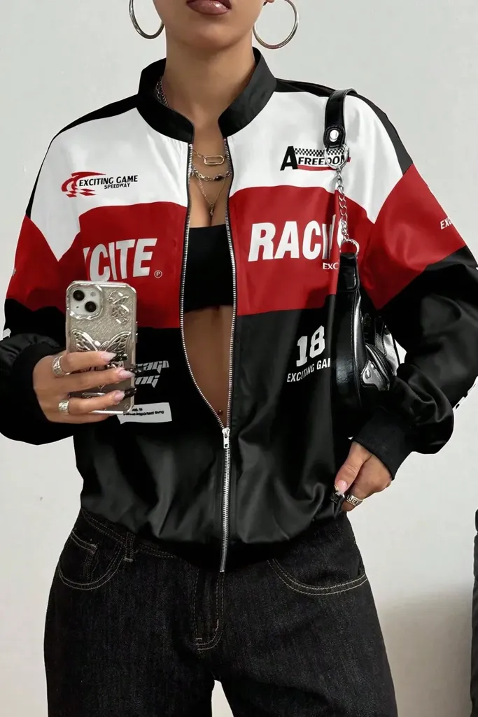 Black Graphic Zipper Bomber Jacket - Image 1