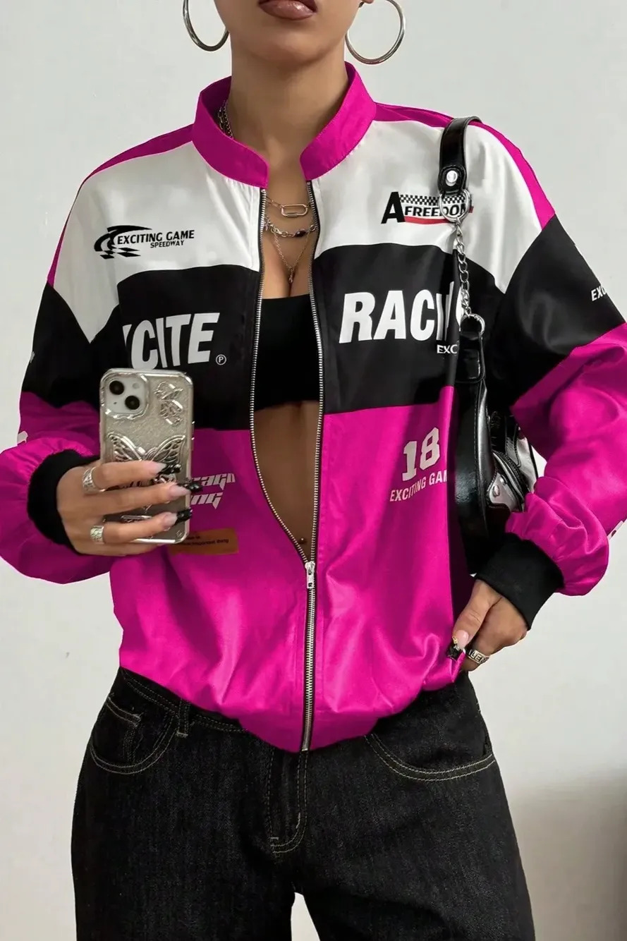 Pink Graphic Zipper Bomber Jacket - NEWME