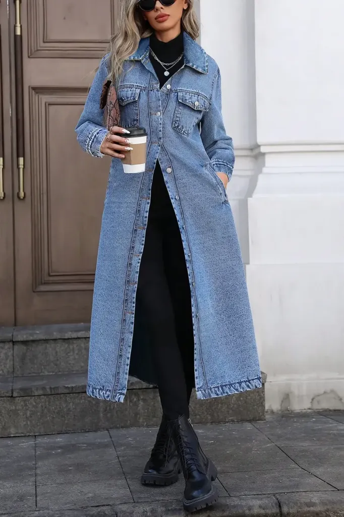 Light Blue Solid Collared Denim Jacket - Image 1