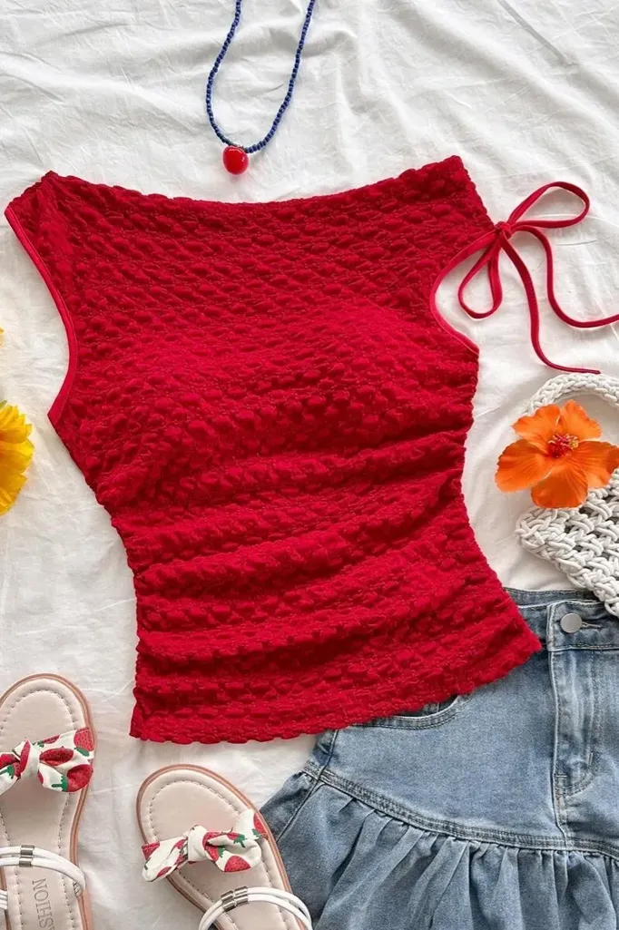Red Textured One-Shoulder Top - Image 1