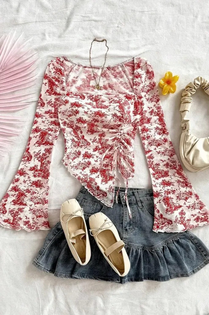 Red Floral Square Neck Top - Image 1