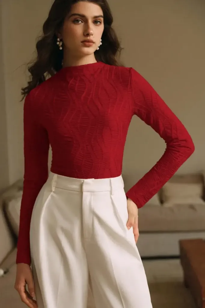 Red Textured High Neck T-Shirt - Image 1