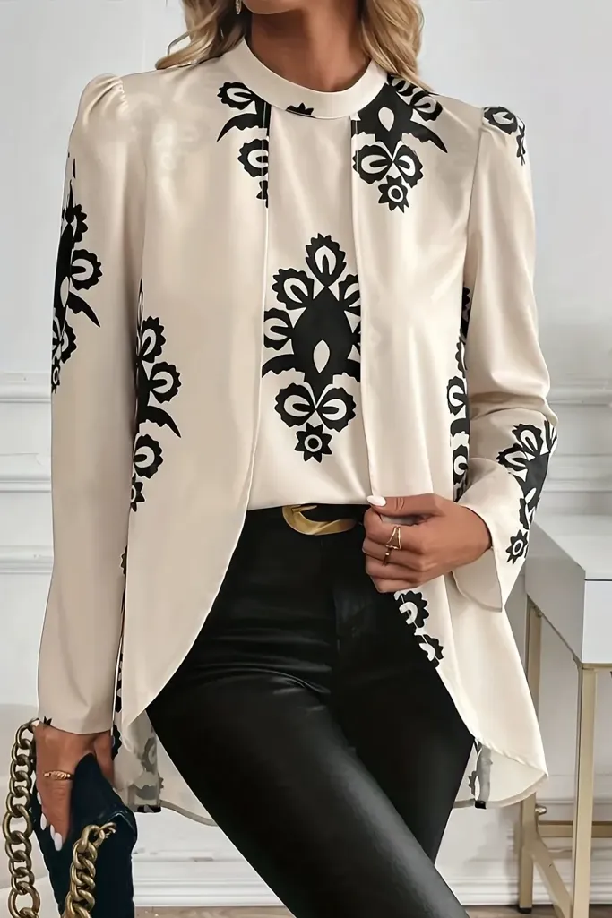 Cream Ethnic Print High Neck Top - Image 1