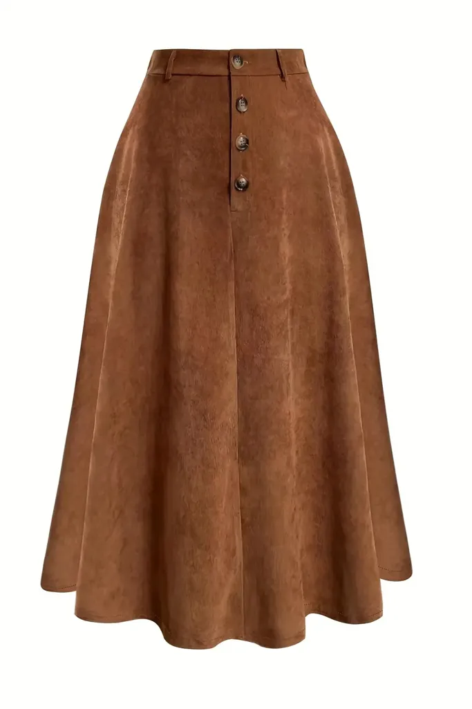 Brown High Rise Buttoned Midi Skirt - Image 1