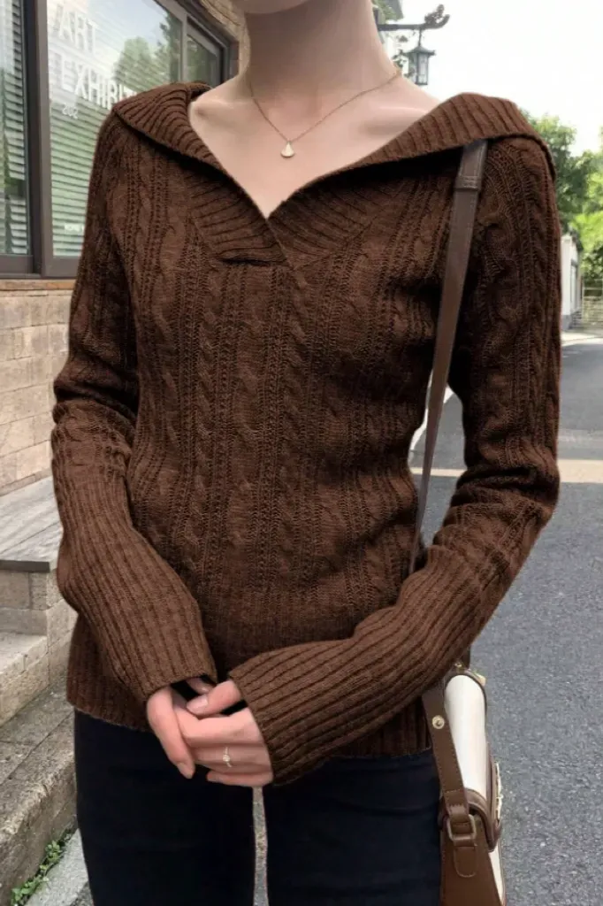 Brown Solid Fitted V-Neck Sweater - Image 1