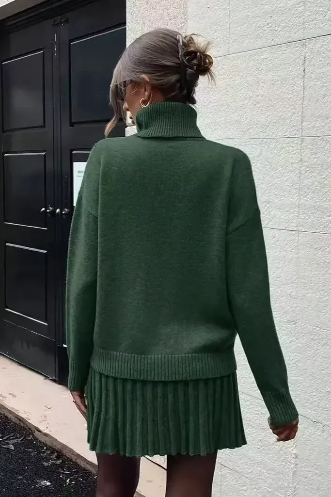 Dark Green Pleated Turtle Neck Co-Ord Set - NEWME