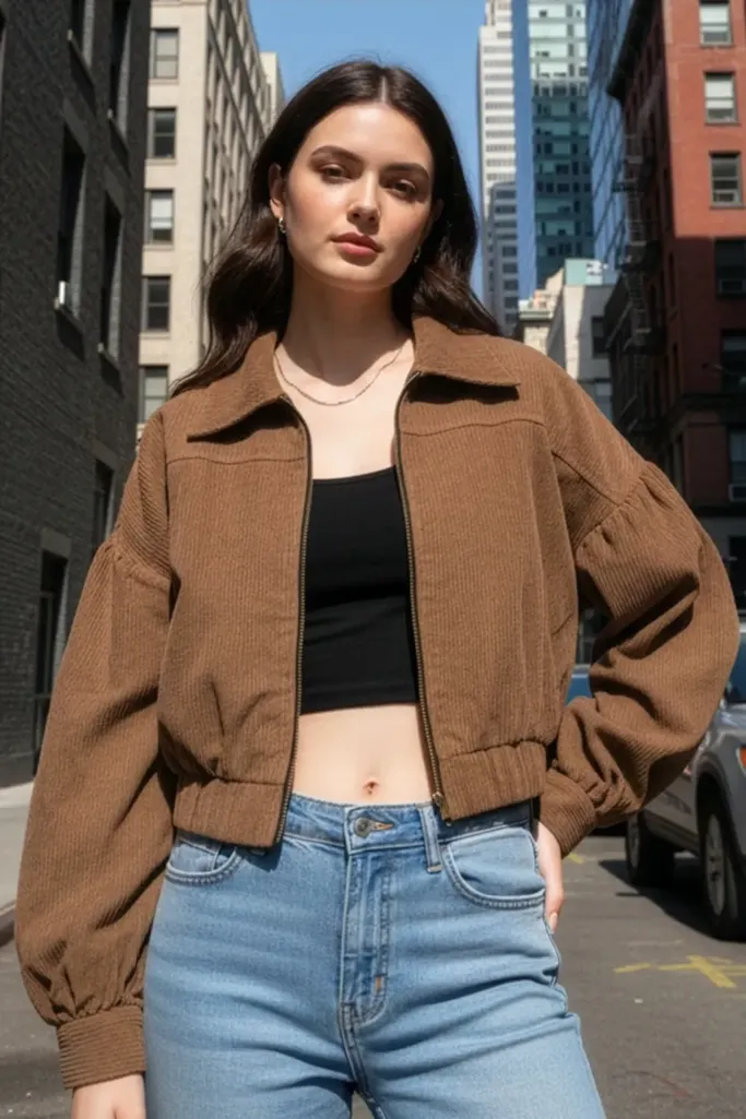 Brown Crop Zipper Jacket - Image 1