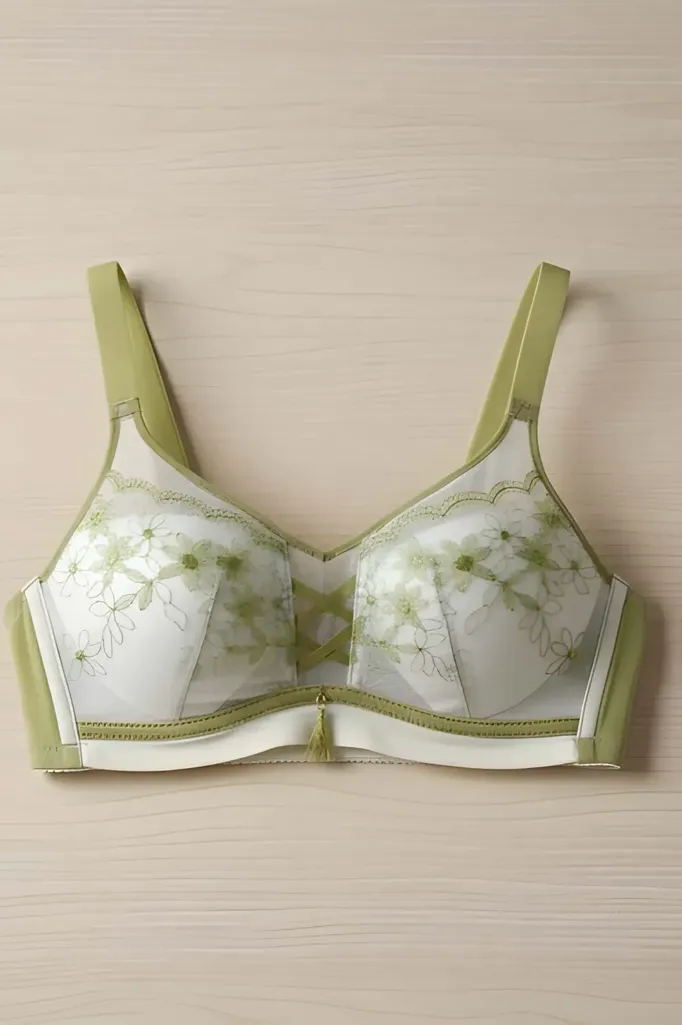 Dark Green Floral Embroidered Bra - Image 1