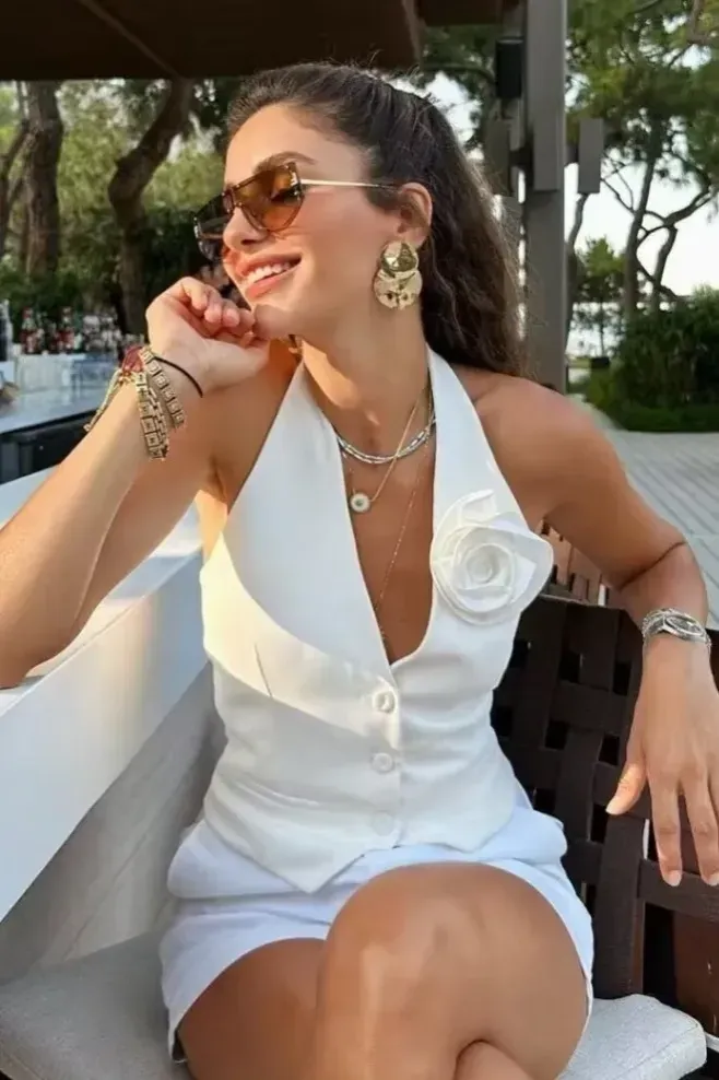 White Halter Neck Waistcoat Top - Image 1