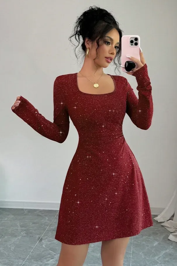 Red Square Neck Glitter Mini Dress - Image 1