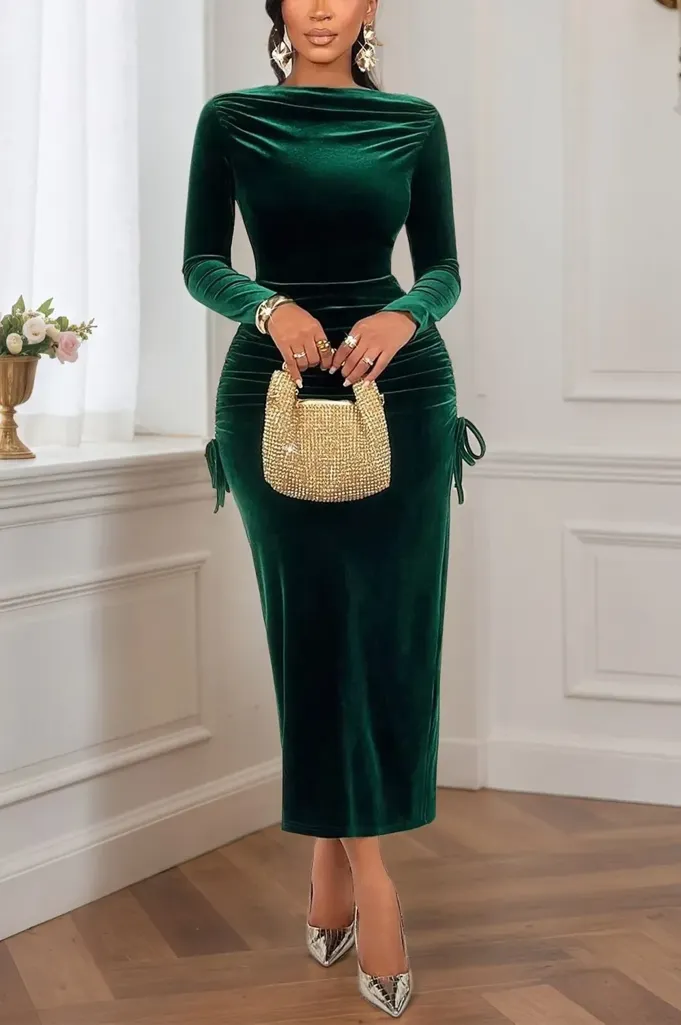 Dark Green Solid Ruched Midi Dress - Image 1