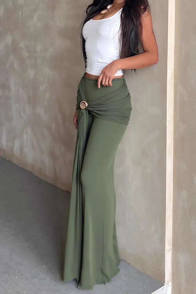Olive Solid Draped Knot Maxi Skirt - Image 1