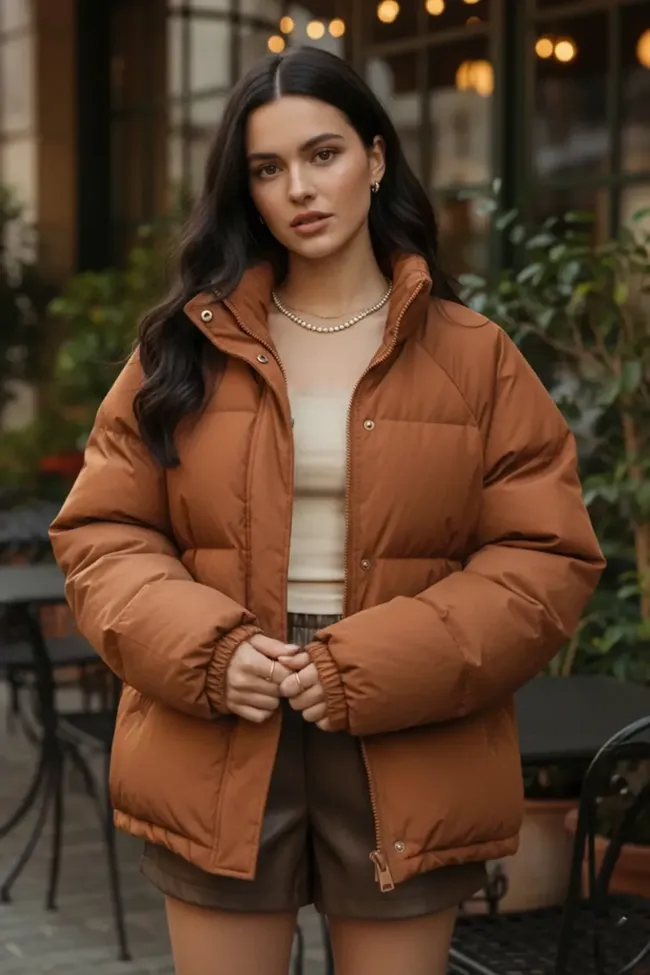 Brown Oversized Zipper Puffer Jacket - NEWME