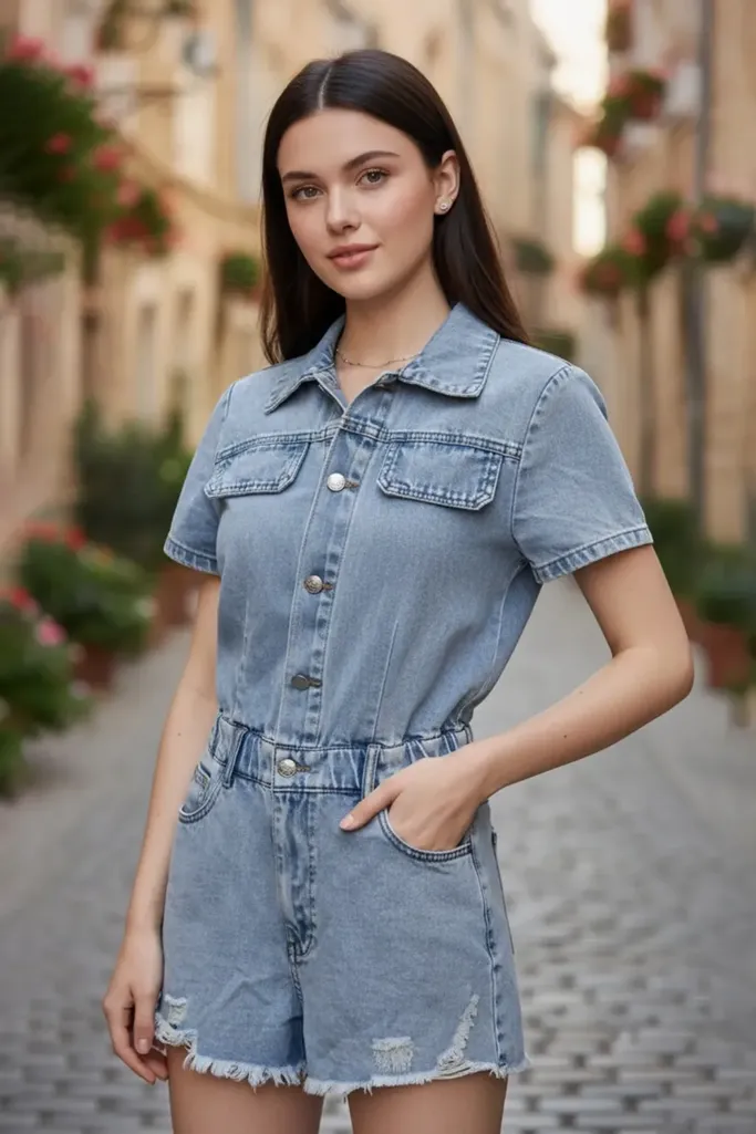 Light Blue Ripped Denim Romper - Image 1
