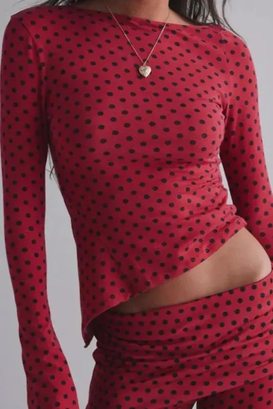 Red Polka Dot Crew Neck Top - Image 1