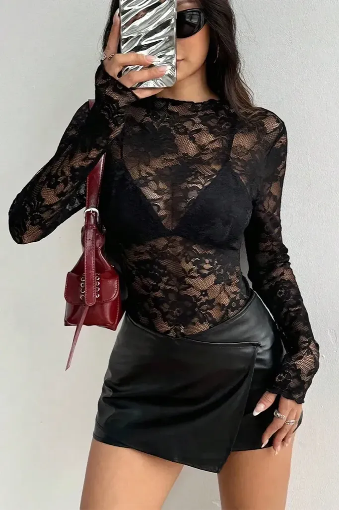 Black Lace High Neck Sheer Top - Image 1