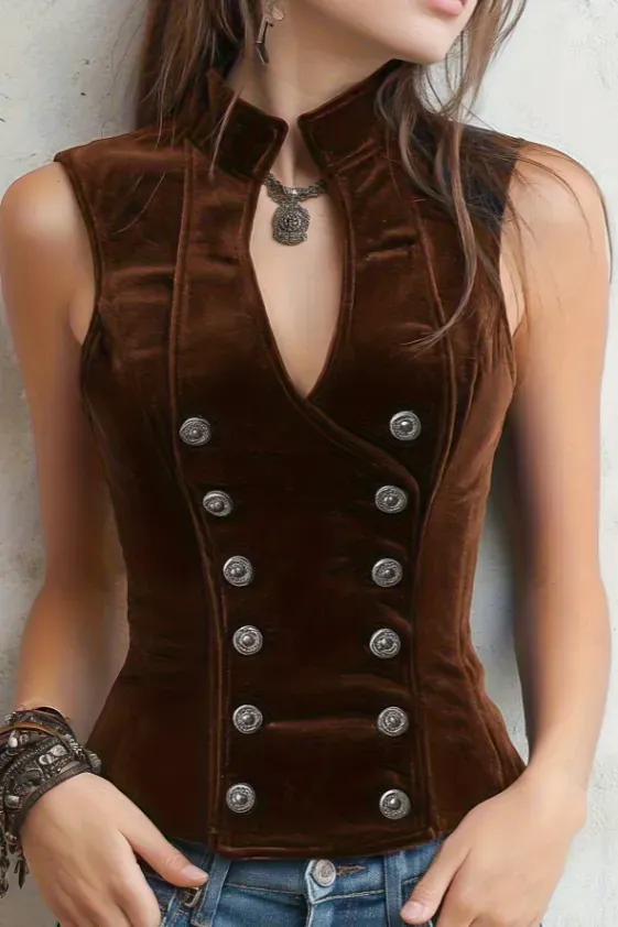 Dark Brown Mandarin Collar Top - Image 1