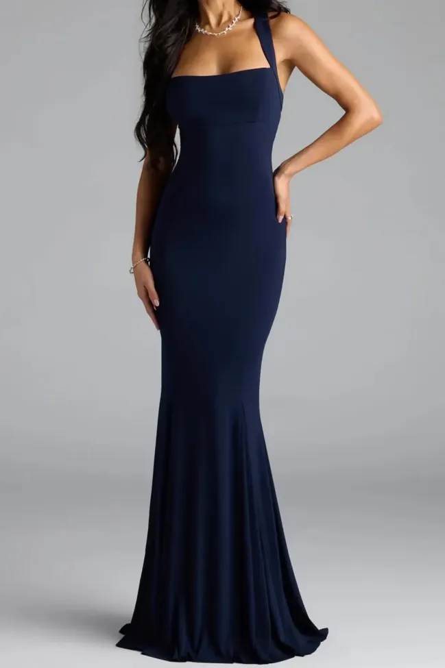 Dark Blue Backless Mermaid Maxi Dress - NEWME