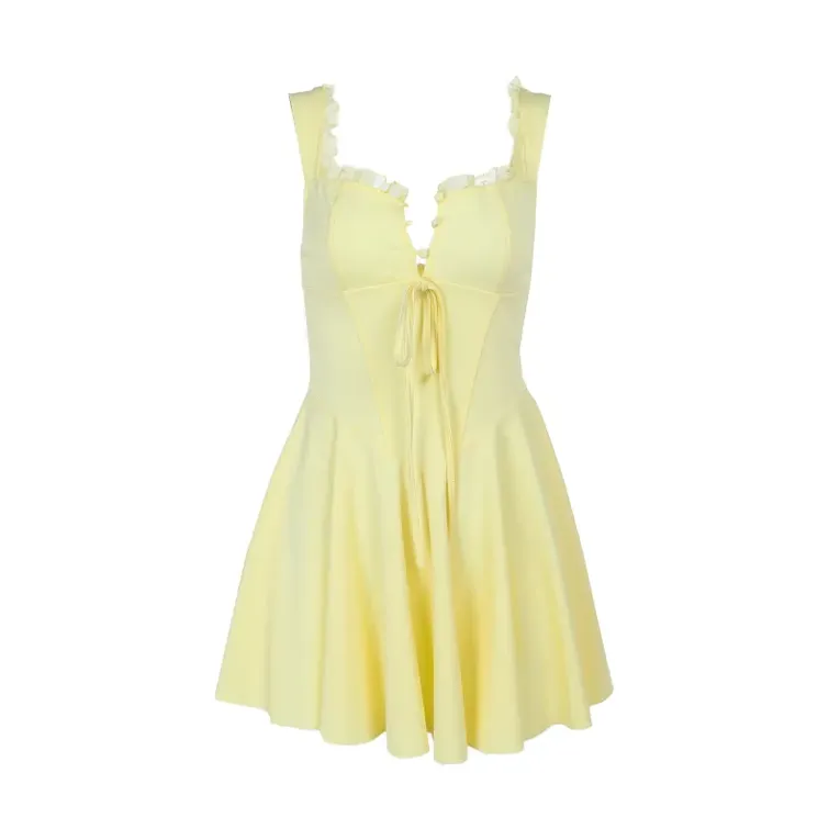 Yellow Solid Pleated Mini Dress - Image 1
