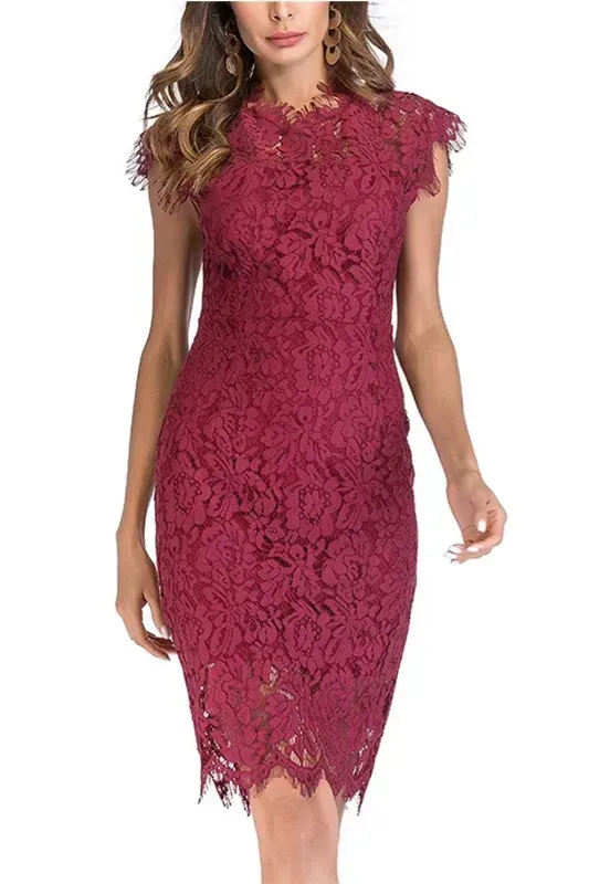 Wine Lace Bodycon Midi Dress - Image 1