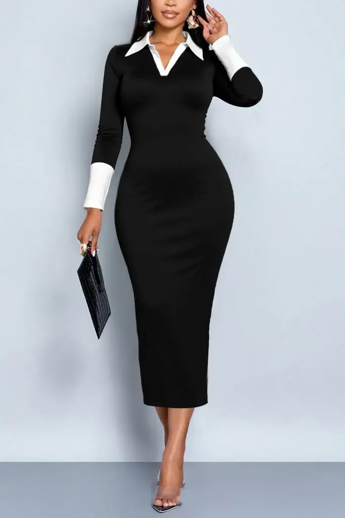 Black Collared Bodycon Midi Dress - Image 1