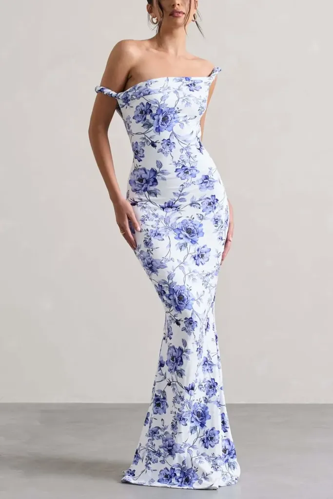 White Floral Mermaid Maxi Dress - Image 1