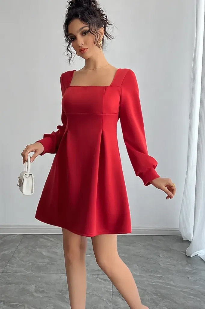 Red Square Neck Mini Dress - Image 1