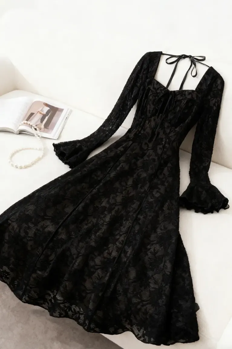Black Lace Square-Neck Midi Dress - NEWME