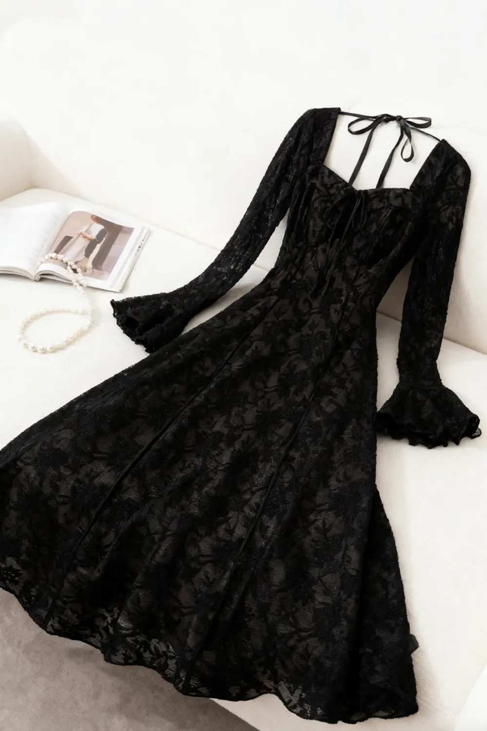 Black Lace Square-Neck Midi Dress - NEWME