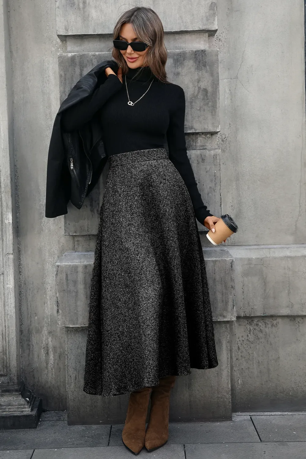 Dark Grey High-Rise A-Line Midi Skirt
