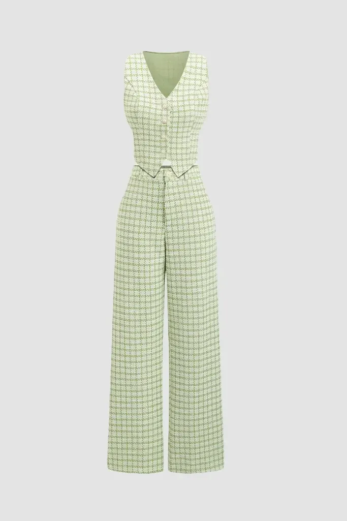 Light Green V-Neck Check Co-Ord Set - Image 1