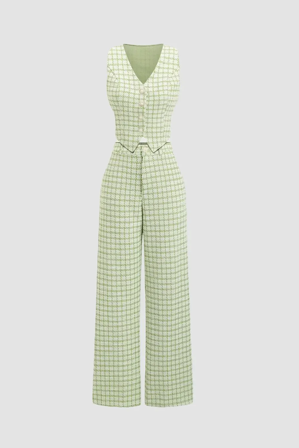 Light Green V-Neck Check Co-Ord Set