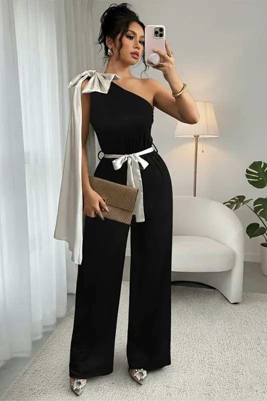 Black One Shoulder Bow Tie Jumpsuit - Image 1